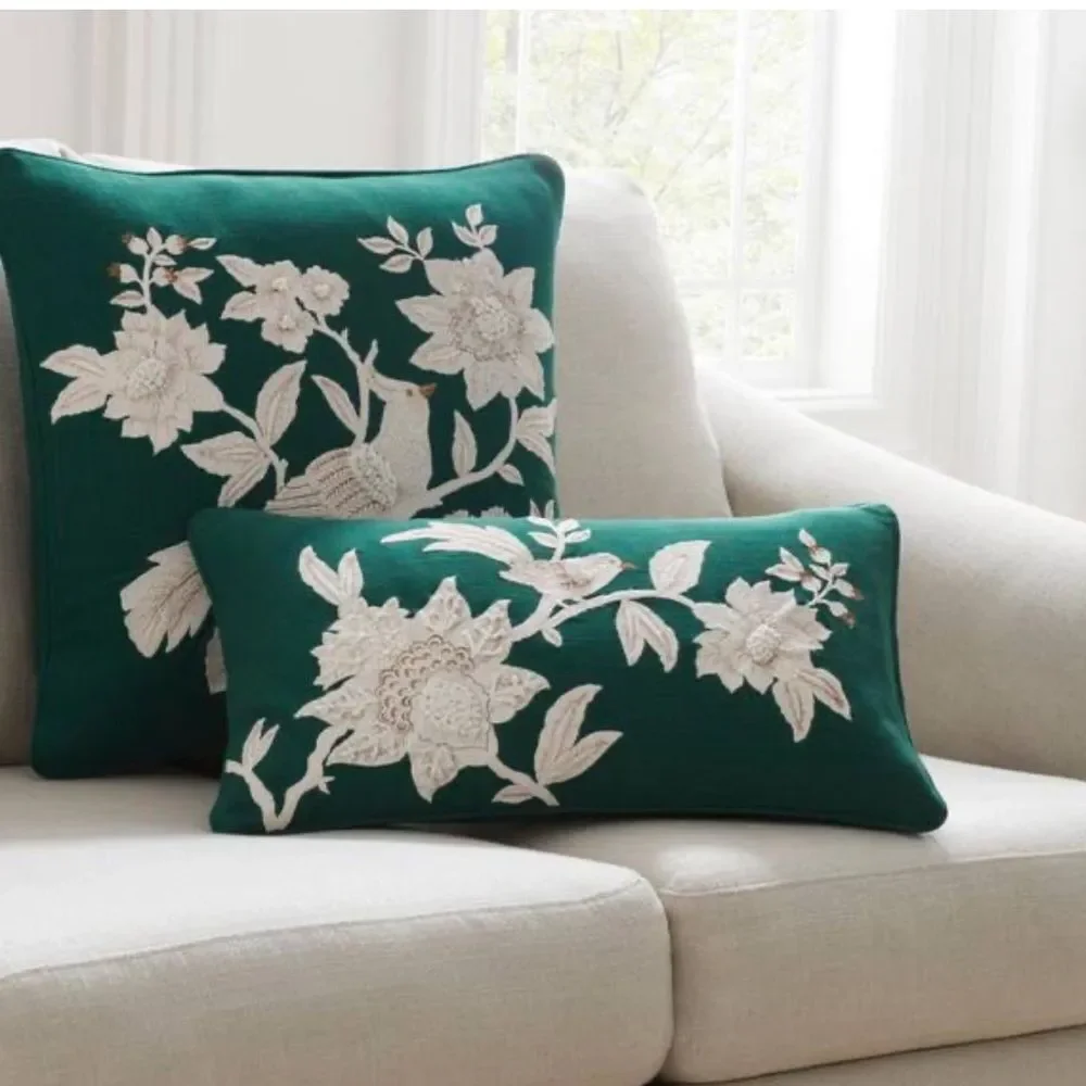 Company Store Legends Luxury Embroidered Holiday Bird Green Lumbar Pillow 12x21